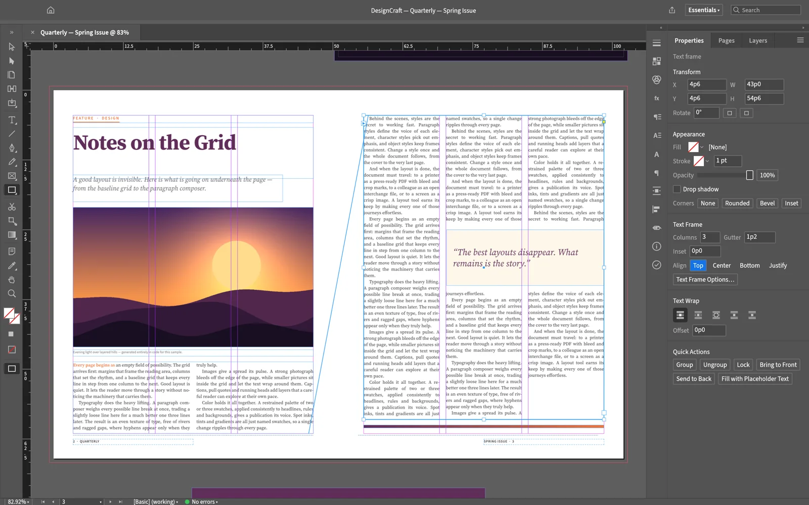 DesignCraft showing a magazine spread: a threaded three-column story is selected, with the Properties panel showing its text frame options