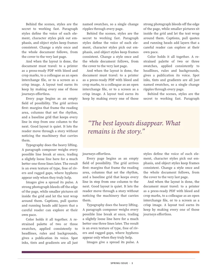 A three-column page of justified, hyphenated text wrapping around a shaded pull quote
