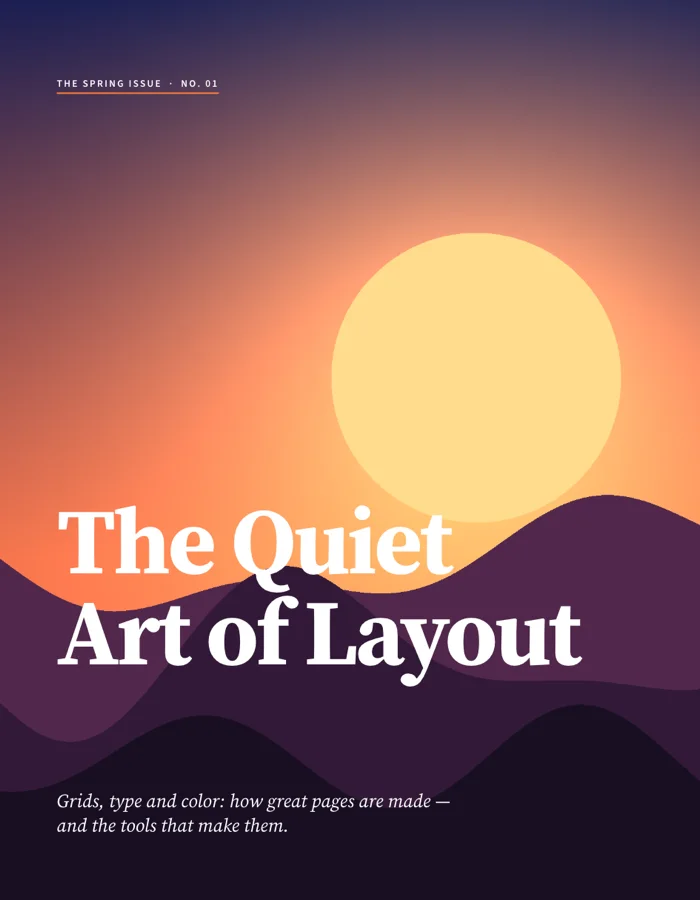 A magazine cover with a dusk landscape in a full-bleed frame and the white serif headline The Quiet Art of Layout