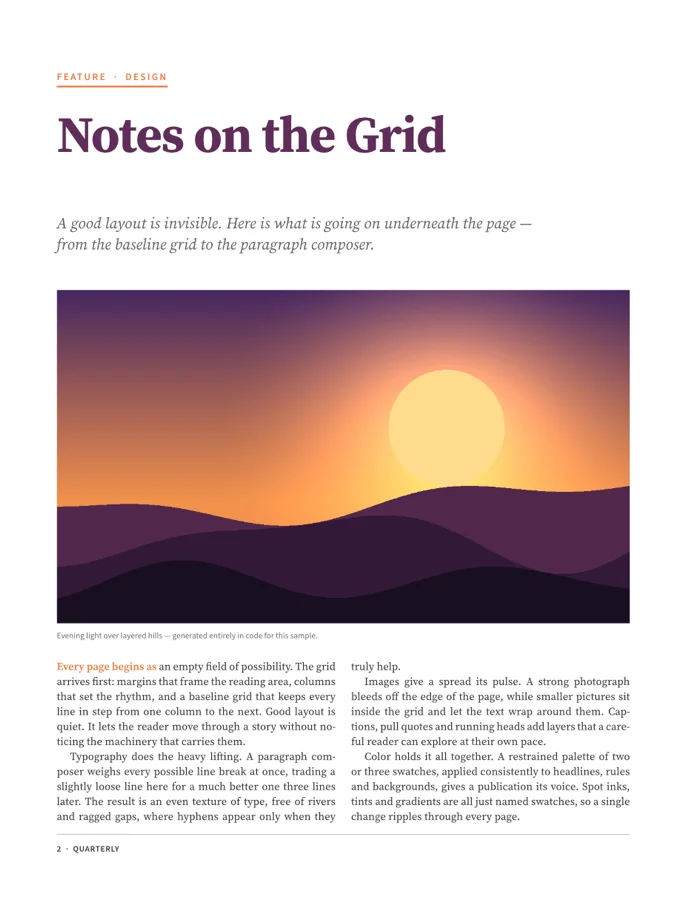 Feature opener titled Notes on the Grid with a FEATURE · DESIGN kicker, an italic deck, a wide landscape picture with a caption and two columns of justified body text