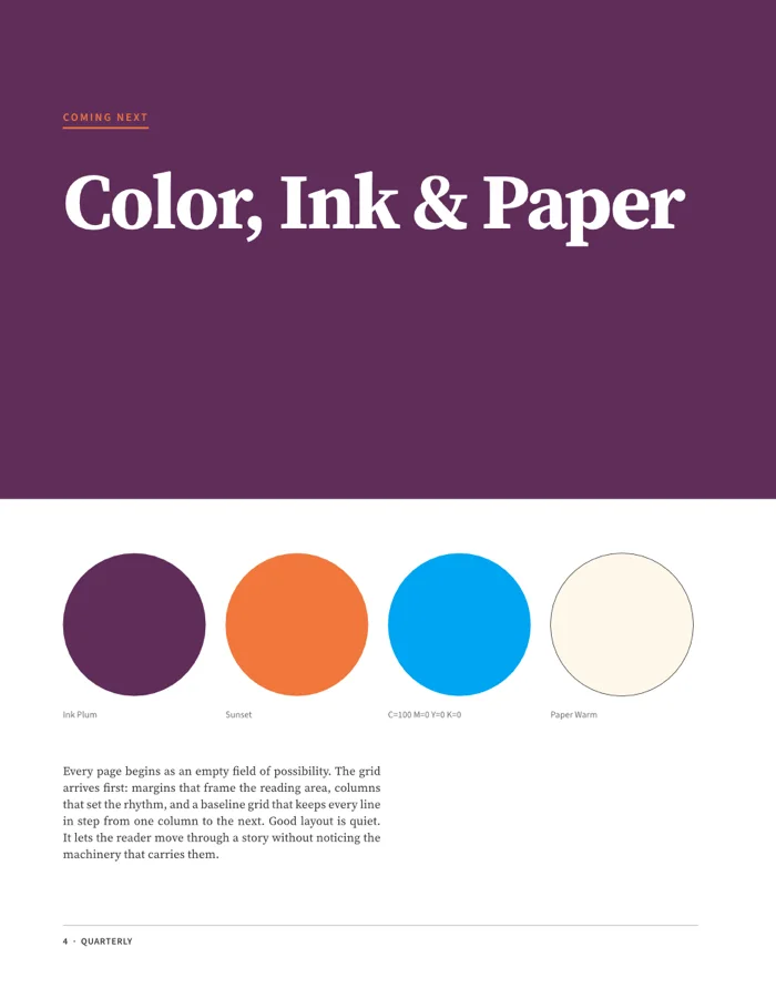A Coming Next page on a plum background with four labeled swatch circles, one of them a CMYK process color